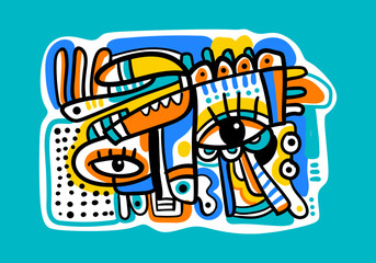 Colorful abstract background in doodle cubism face style.  hand drawn.