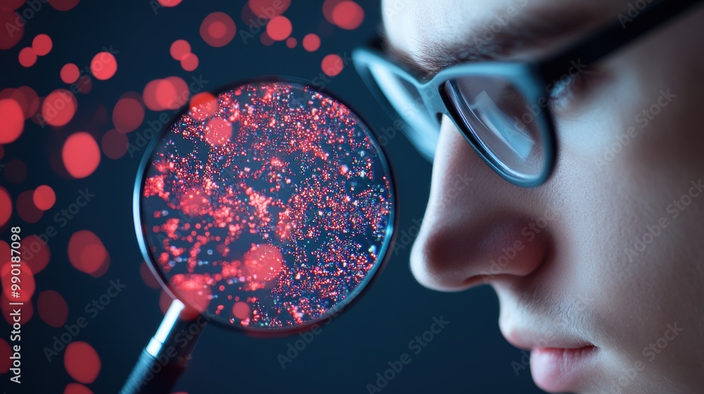 Poster a person studying a complex data chart, using a magnifying glass to scrutinize the details and draw 
