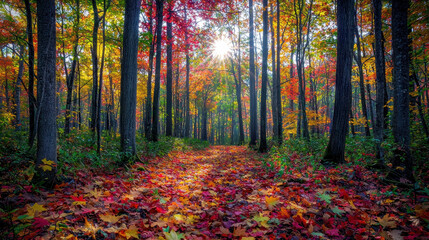 Obraz premium Vibrant fall forest path with golden sunlight filtering through colorful leaves in a serene woodland setting