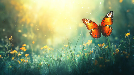 Whimsical Summer Art Background Showcasing Grass and Fluttering Butterfly