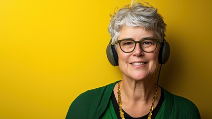 Cheerful Elderly with Gold Teeth and Headphones on Pale Background