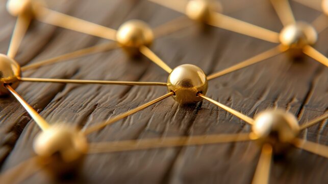 Conceptual image depicting hierarchy within a company with a topdown structure made of gold wires on rustic wood.