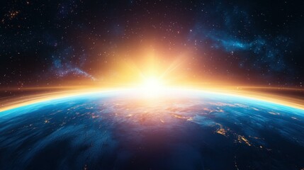 Experience a breathtaking cinematic sunrise, illuminating Earths horizon with dramatic clouds set against a stunning space backdrop.