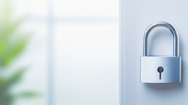 Closeup view of a hanging padlock on a metal latch, symbolizing security and safety on a white door.