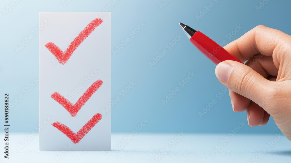 Poster hand checks off tasks with a red pen in a tidy home office, showcasing efficient productivity and or