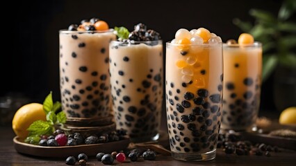 Colorful Bubble Tea Drinks Displayed in Tall Glasses With Fruits and Tapioca Pearls on a Dark Wooden Table