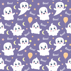 Obraz premium Cute ghosts seamless pattern. Halloween background. Spooky baby characters, stars, moon and boo text. 