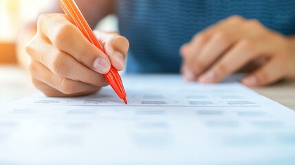 A closeup view of a person using a red marker to correct errors on a document in a tidy office setting.