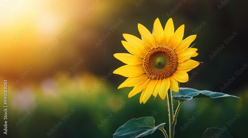 Wall mural A stunning closeup of a sunflower with vibrant yellow petals unfolding in warm afternoon light, showcasing its intricate details.