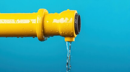 Water drips from a yellow pipe indoors, showcasing urgent plumbing repairs needed in a clean and simple background.