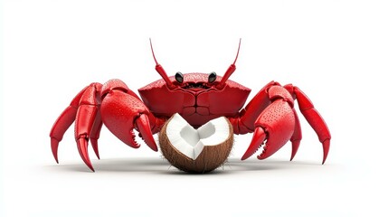 A vibrant digital illustration showcasing a coconut crab holding a split coconut against a crisp, white backdrop.