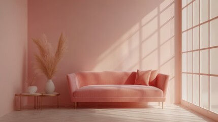 Explore a serene Scandinavian living room with a cozy sofa, sleek coffee table, and stylish vases on light walls.