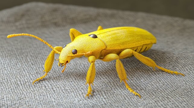 A stunning golden beetle perched on soft gray fabric, illuminated beautifully in natural light for a modern, artistic touch.