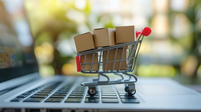 A miniature shopping cart filled with cardboard boxes sits on a laptop keyboard, symbolizing online shopping and ecommerce.