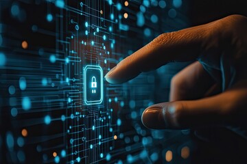 Cyber security concept with glowing padlock on digital city background