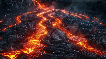 Molten Lava Flowing Through a Field of Blackened Rock