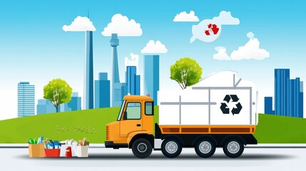 Naklejka premium Recycling Truck in Urban Landscape with Skyline