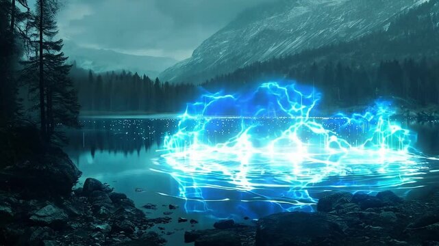 Bright blue hologram glows on a mountain lake, blending nature with technology, creating a futuristic and magical scene