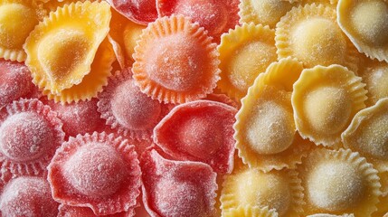 Mixed frozen dumplings and ravioli, slightly frosted, laid out neatly as a cold yet colorful textured background for culinary projects