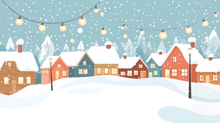 A snowy winter village with houses, lampposts, and string lights.