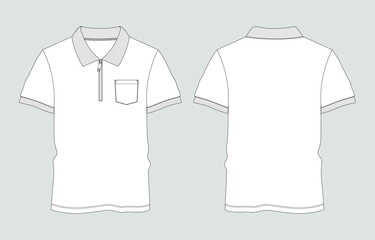 Short sleeve polo shirt with pocket Overall technical fashion flat sketch vector illustration template front and back views. Apparel clothing Design Mock up Cad.
