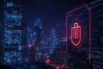 Cyber security concept with glowing padlock on digital city background