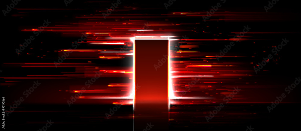Poster open door on red glitch background. vector realistic illustration of neon lines on black backdrop wi