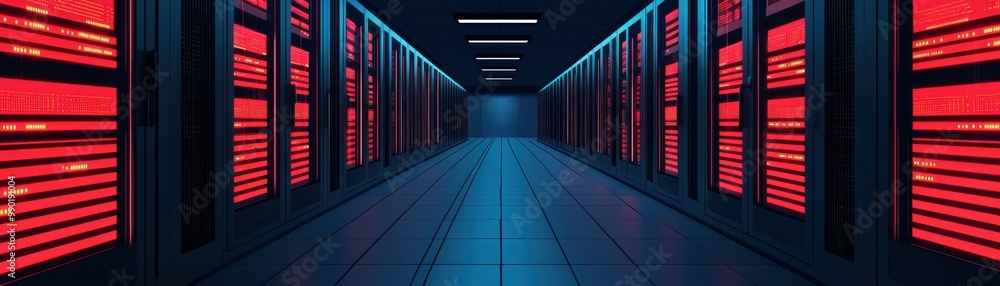 Poster futuristic data center interior with rows of servers glowing in red light, creating a high-tech ambi