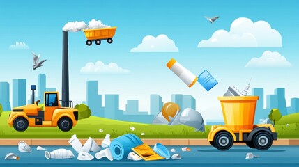 Urban Cleanup Scene with Trash and Construction Vehicles