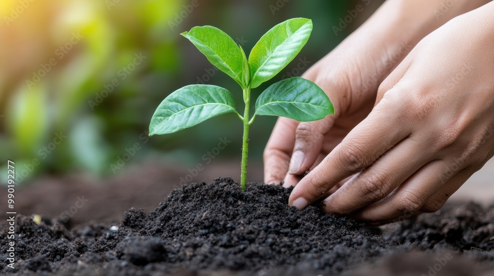 Sticker A person planting a seed in the ground with their hands, AI