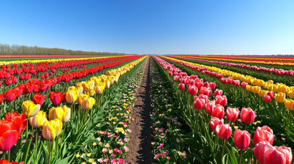 Vibrant tulip field in full bloom with rows of red, yellow, and pink flowers against a clear blue sky in spring