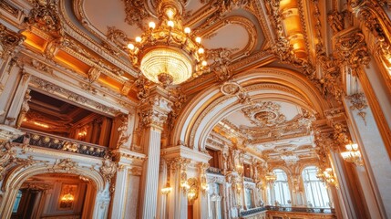 Obraz premium Ornate ceiling frame in an opulent ballroom, intricate carvings and golden accents, warm chandelier light reflecting off the detailed craftsmanship