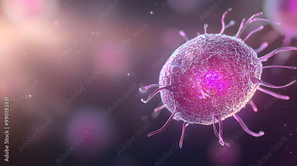 Poster glowing nucleus in translucent bacteria cell - vibrant 3d render of intricate flagella and fluid dyn