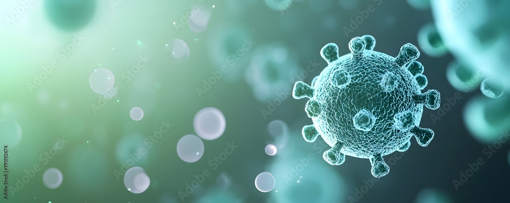 Poster vibrant 3d render of bacteria with smooth cell membrane - dynamic microscopic movement in lush green