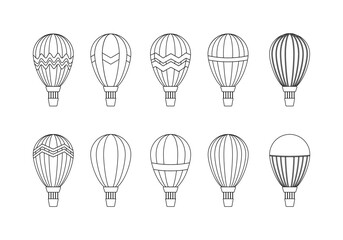 Air balloon doodle line symbol sign icon collection. outline style. isolated illustration