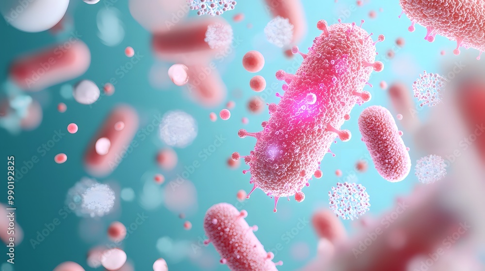 Poster vibrant 3d render of bacteria cross-section - realistic cellular structure with glowing organelles i