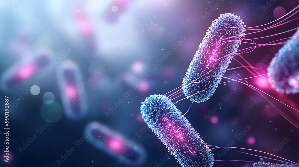 Poster bacteria in dynamic binary fission - 3d render of microscopic cell replication with glowing interior