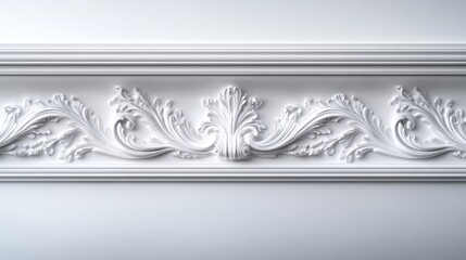 Ornate interior cornice moulding, plaster finish, classical style, vector art, high-definition detailing, subtle shadows, light reflecting on white surfaces, photorealistic
