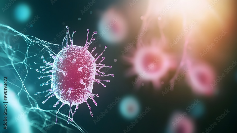 Poster vibrant 3d render of translucent bacteria with glowing nucleus - intricate flagella in fluid environ