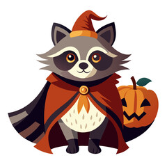 Raccoon in a Witch Costume: A whimsical, cute raccoon dressed in a witch's hat and cape, holding a jack-o'-lantern pumpkin, perfect for Halloween decorations, greeting cards, and children's books.