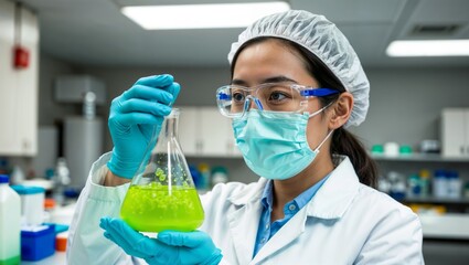 Asian female scientist in protective gear, wearing a mask and goggles, holds a test tube filled with green liquid. Research, and scientific innovation