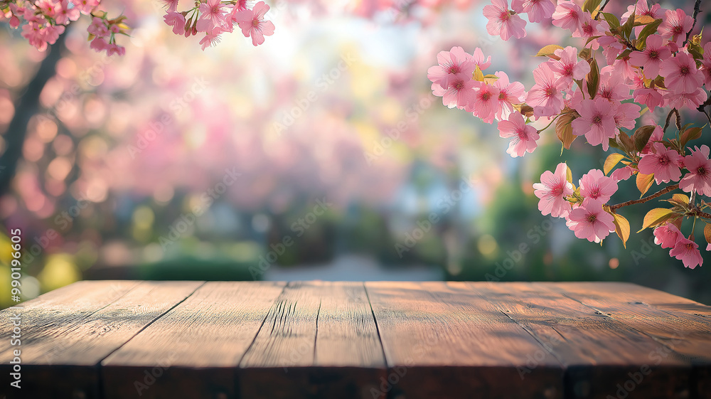 Poster empty wood table top with blurred sakura tree background for product display