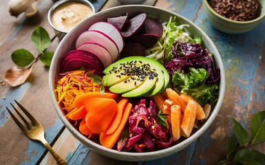 The bowl contains salmon, avocado, carrots, radishes, red cabbage, and rice. Generative ai.