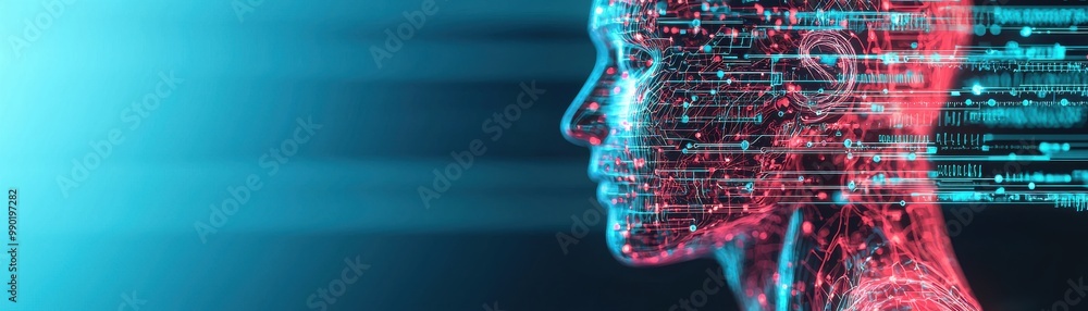 Poster futuristic digital human profile with neon colors and data streams, representing technology and arti