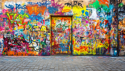 Naklejka premium A graffiti-covered urban wall, showcasing vibrant colors, bold lines, and an edgy, artistic vibe
