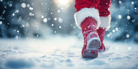 close up of Santas boots walking through snow, creating magical winter scene filled with falling snowflakes. vibrant red boots contrast beautifully with white snow