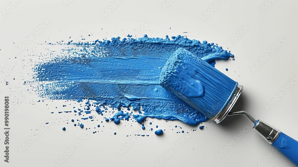 Wall mural Blue Paintbrush Stroke with Splashes on White Background