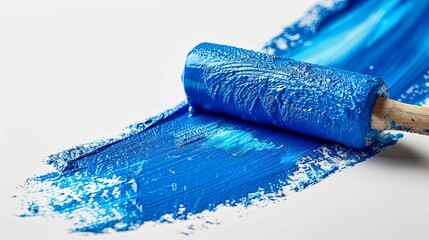 Blue Paint Roller Leaving a Trail on White Surface