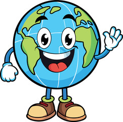 Happy earth globe cartoon character waving hand
