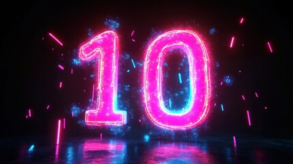3d animation, fantastic neon numbers from 1 to 10 isolated on black background. Cosmic pink blue star tracks, meteor shower countdown from one to ten, Generative AI